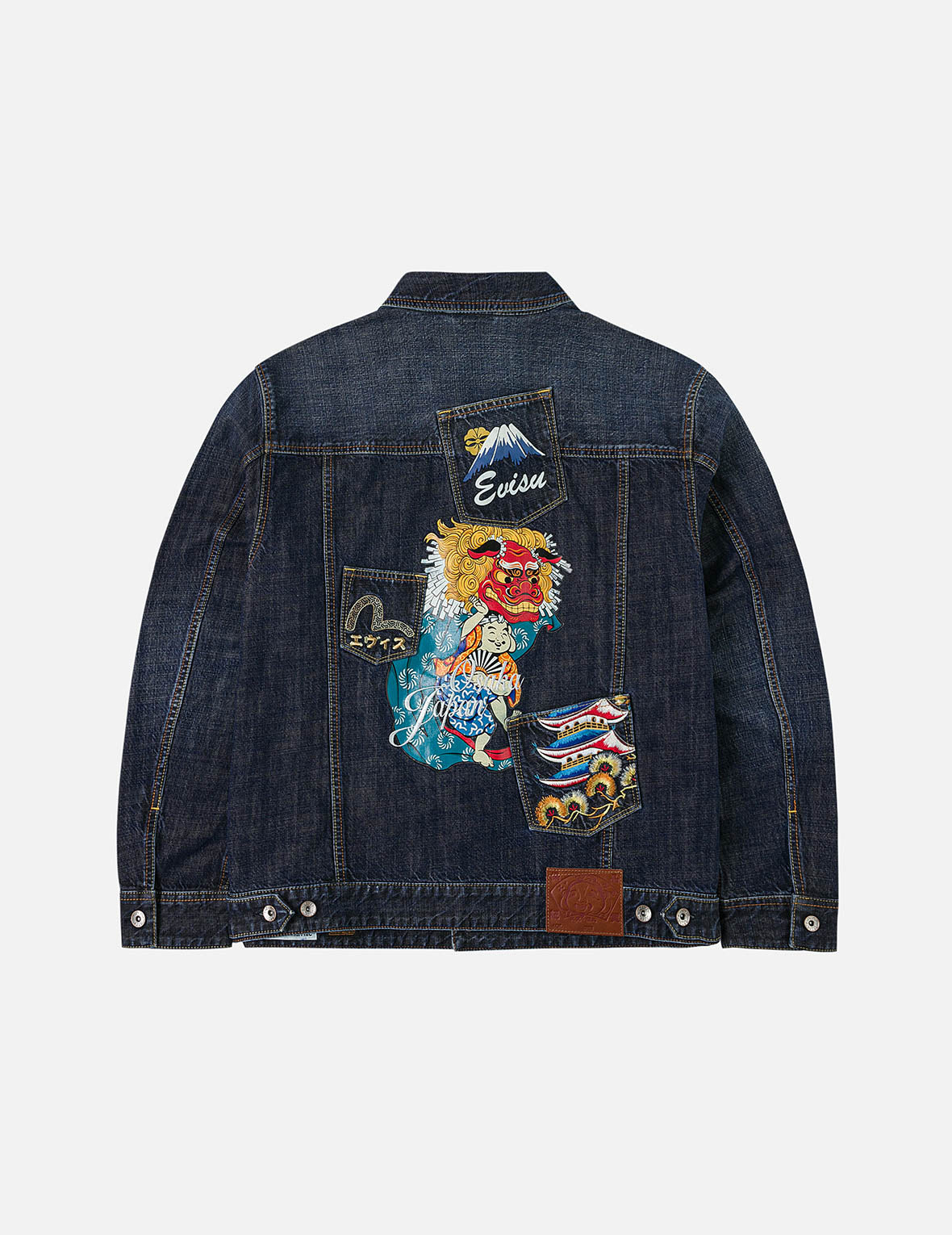 Washed Multi-Pocket with Lion Dance Print Relax Fit Denim Jacket